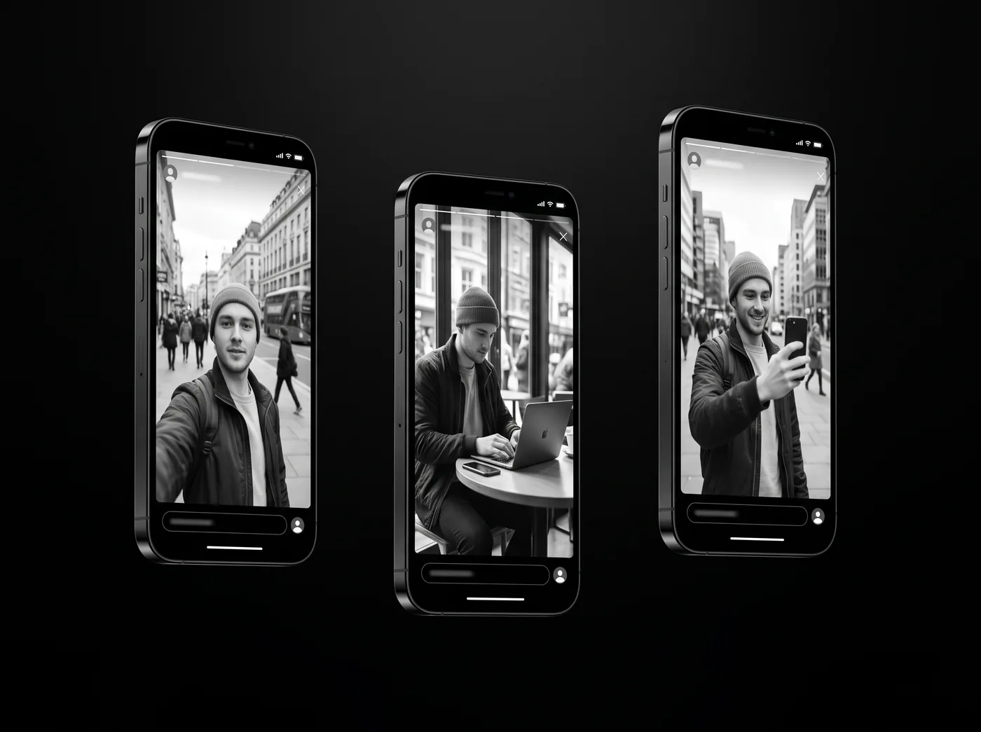Tres celulares mostrando reels verticales